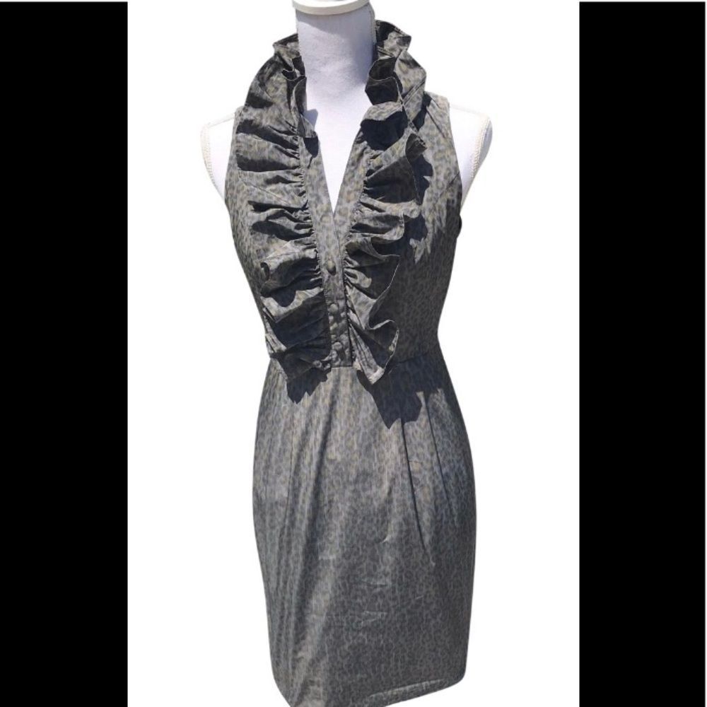 Andrew Marc Gray Ruffled V-Neck Midi Dress with Subtle Animal Print